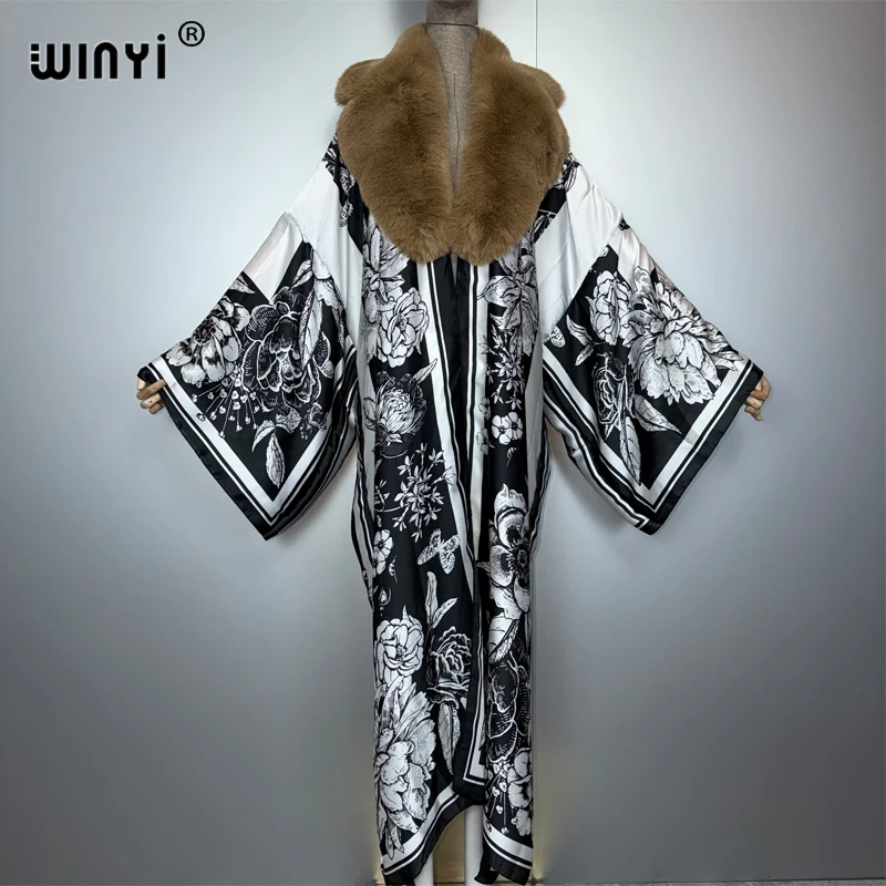 위니이 보헤미안 실크 느낌 기모노 인조 모피 칼라 코트 파티 드레스 아바야 두바이 럭셔리 무슬림 여성 패션 오픈 프론트 카프탄