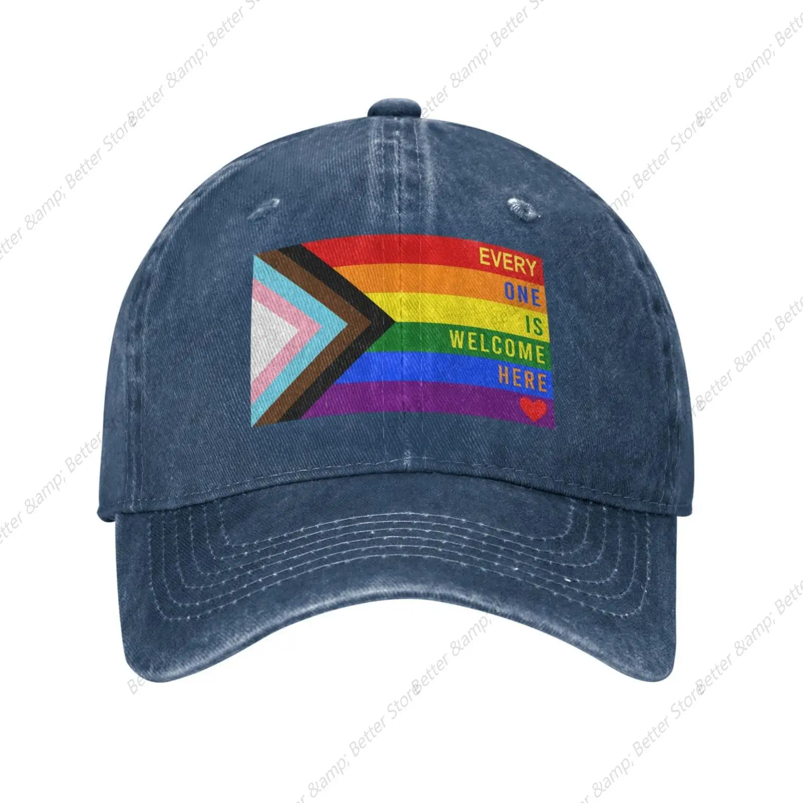 Progress Pride Flag Rainbow Gay Lesbian Transgender Bisexual LGBTQ Print Washed Denim Baseball Cap Adjustable Sun Hat