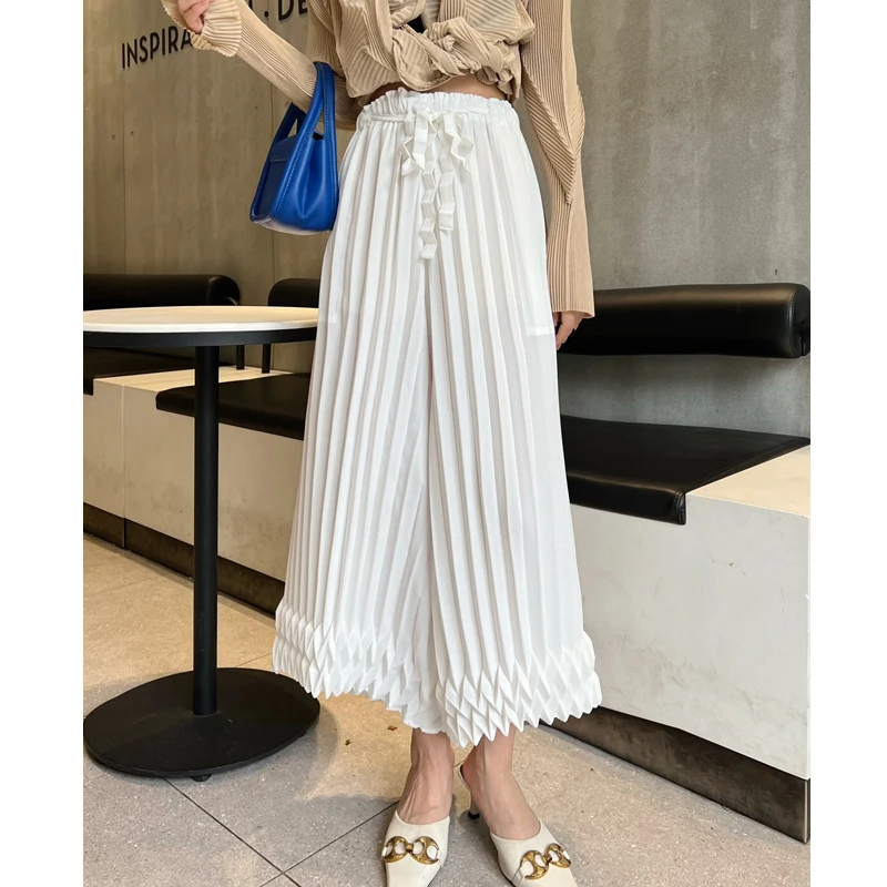 

HOT SELLING Miyake fashion fold high waist all-match solid waistband Pleated Wide leg pants original design pants IN STOCK