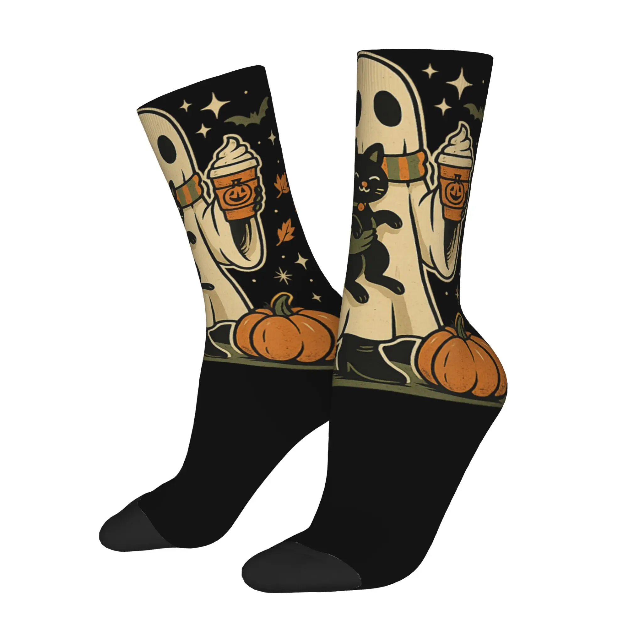 Crazy Design Ghost Black Cat Football Socks Fall Pumpkin Coffee Halloween Polyester Long Socks for Women Men Sweat Absorbing