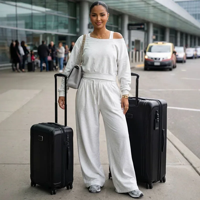 Doyerl Solid Casual Outfits for Woman Two Piece Set Fall Clothes Slash Neck Long Sleeve Sweatshirt Top and Swantpants Track Suit
