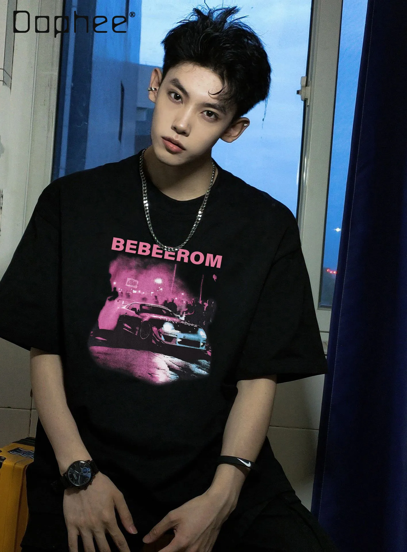 

2026 Summer New American Retro Streetwear Men's Loose Casual Letter Racing Car Print Black Round Neck Short Sleeve T-shirt
