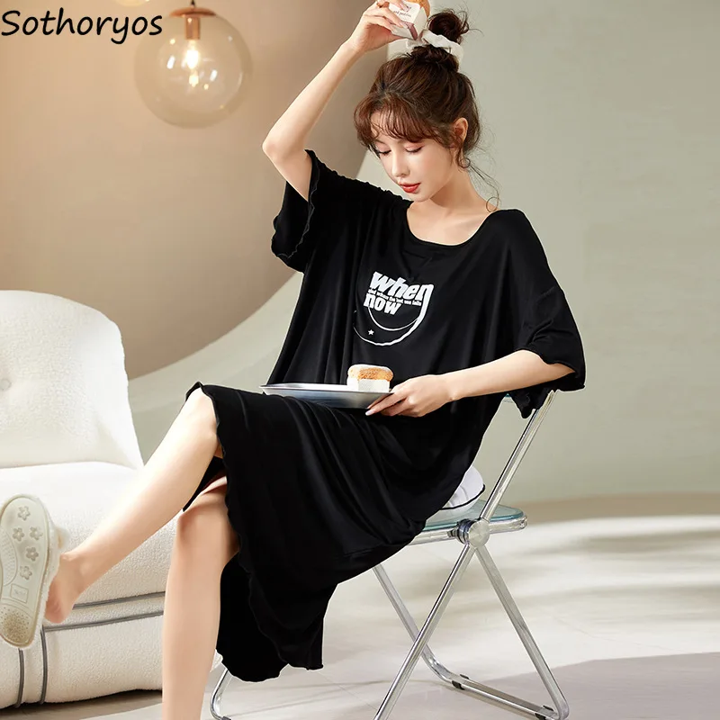 

Summer Nightgowns Women Print Baggy Soft Home Sleepwear Ulzzang All-match Breathable Lounge Fashion Dormitory Nighty for Ladies