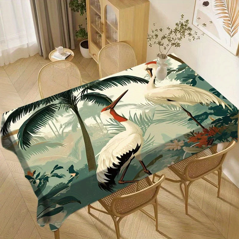 Tropical Crane Tablecloth, Green Background With Crane & Foliage Pattern, Waterproof Table Cover for Daily Meals & Party Use