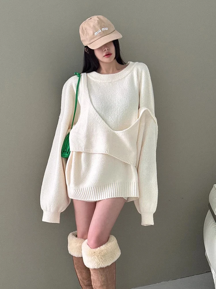 Clothland Donna Dolce Maglia Maglione Abito Manica Lunga Due Pezzi Set Con Camis Chic Mini Abiti Allentati Vestido QE249