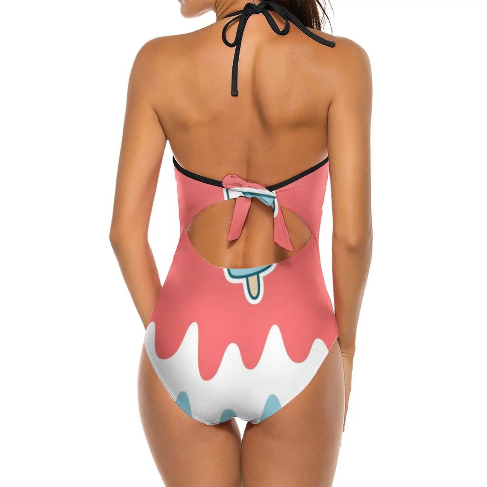 Kawaii Popsicle Sexy One Shoulder One Piece Swimsuit New Mesh Patchwork Swimwear Monokini Popsicle Usa Striped Happy Pastel