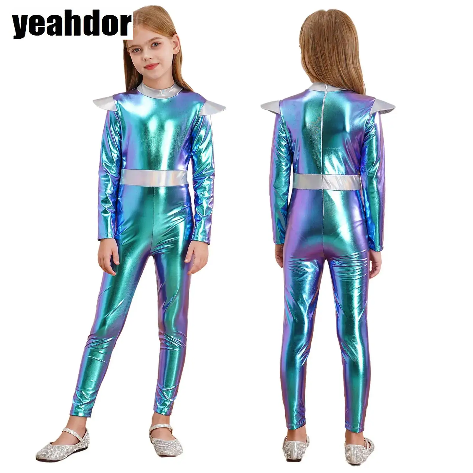 

Костюм для косплея «Чужой» для девочек, блестящий металлический боди с длинными рукавами, комбинезоны для косплея, будущего робота, платье астронавта на Хэллоуин