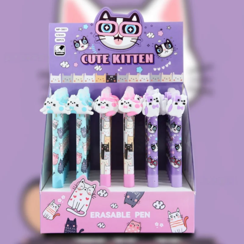 

36pcs/lot Kawaii Cat Erasable Gel Pens Cute 0.5mm Blue Ink Neutral Pen Promotional Gift Office School Supply