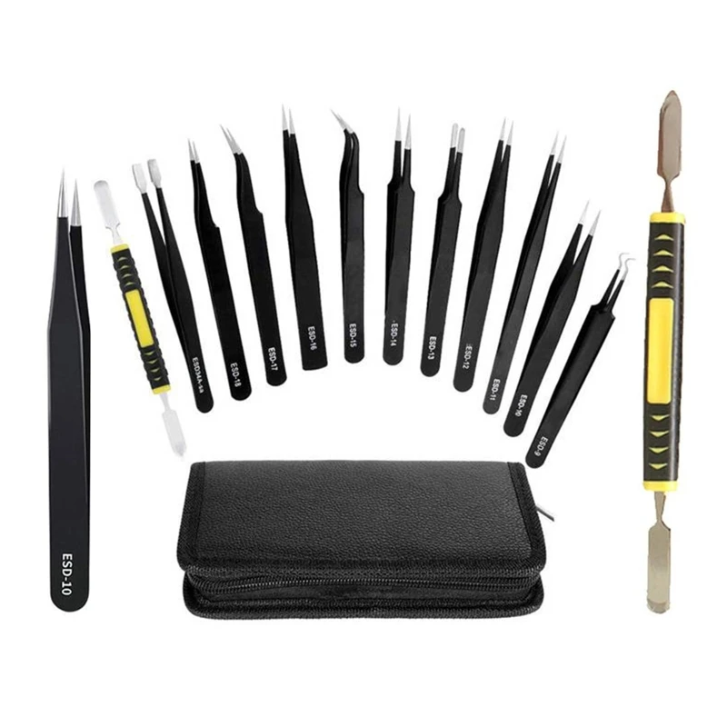 

12 Pieces Tweezers Set Anti-static Stainless Steel ESD Tweezers Kits Includes Straight Tips,Curved Tips