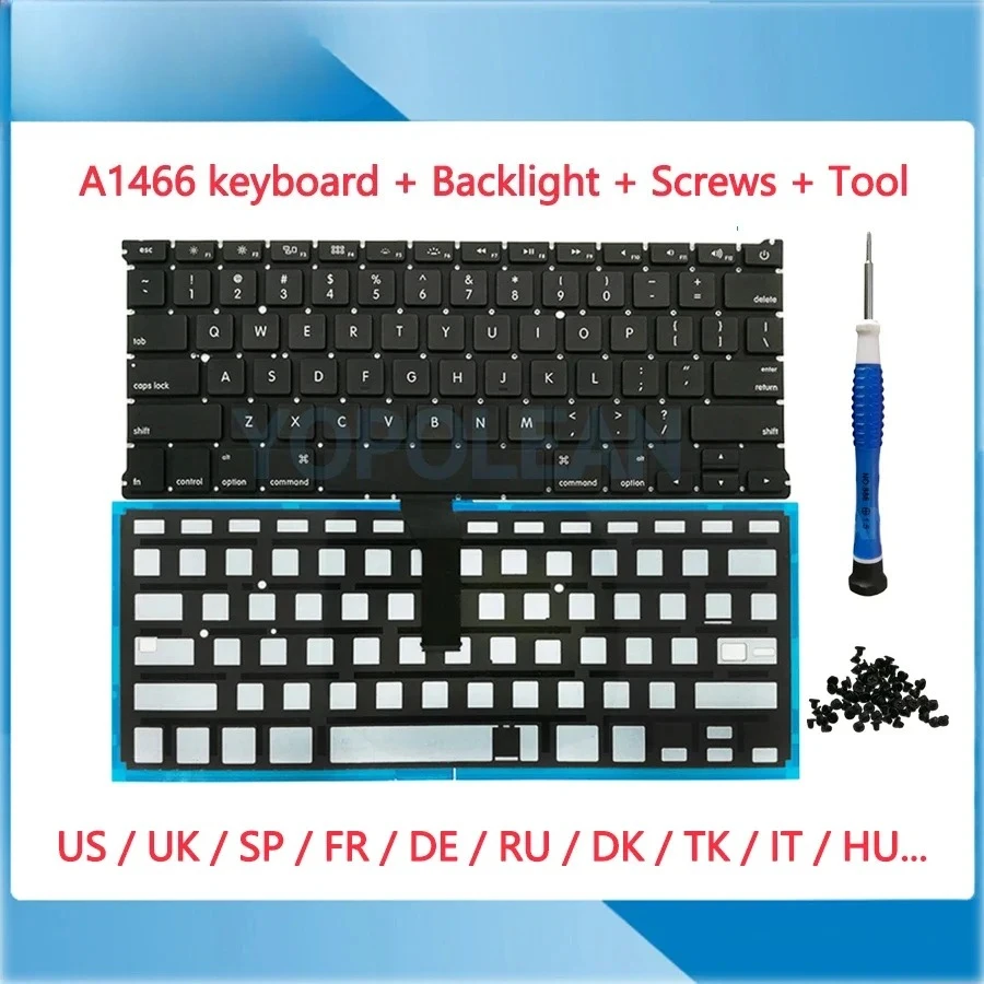 

New Laptop Keyboard With Backlight Screw Tool For Macbook Air 13" A1369 A1466 US UK Spain French Portugal Hungary 2011-2017