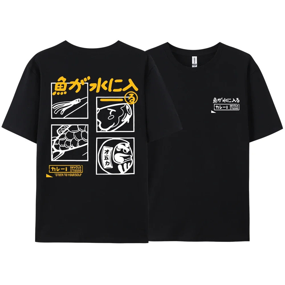 

Summer men's Japanese retro fashion taiyaki pattern printed T-shirt short-sleeved loose Bf style funny top clothing
