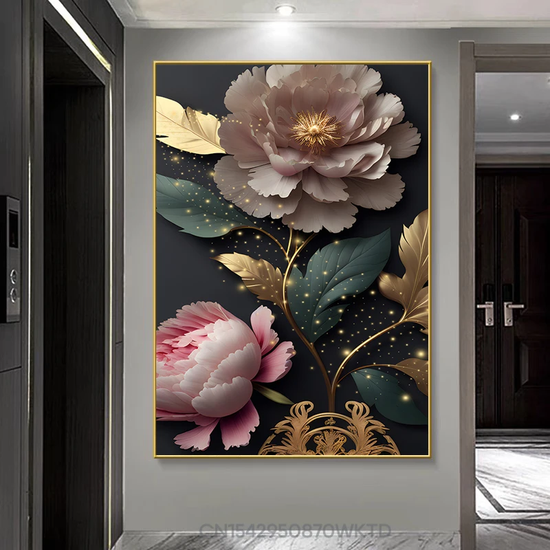 Gold Leaf Pink Blooming Flowers Luxury Poster Modern Decorative Paintings Canvas Wall Art Pictures Nordic Living Room Home Decor