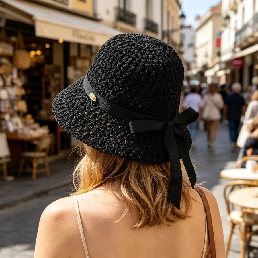 Hollow-Out Woven Breathable Fisherman's Straw Hat, Women's Summer Breathable Sun Hat, Korean-Style Gentle Style with Bow Decoration, Foldable and Easy to Store, Great for Taking Photos, Suitable for Various Outfit Styles
