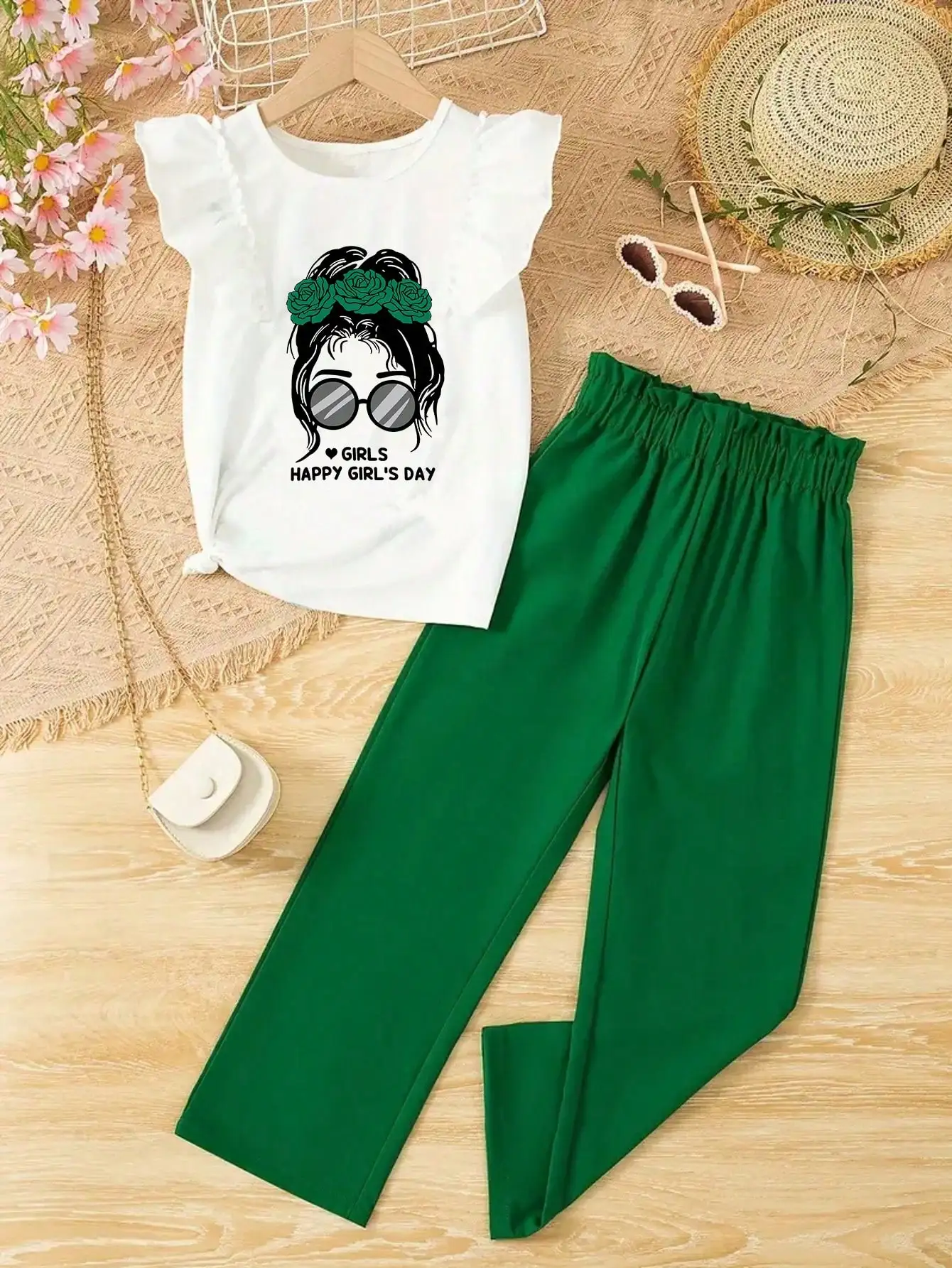 Two piece set of girls' green portrait pattern flying sleeve top and high waisted pants for casual summer outdoor wear