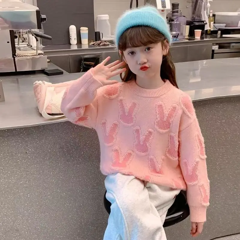 

Girls Sweater 2026 Autumn Winter New Fashionable Tops for Girls Thick Knitted Base Shirt for Older Children