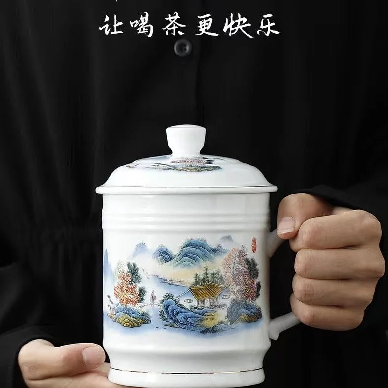 900 Ml Chinese Traditional Tea Cup with Lid Ceramic Blue and White Porcelain Office Large Capacity Water Milk Coffee Mug Teacup