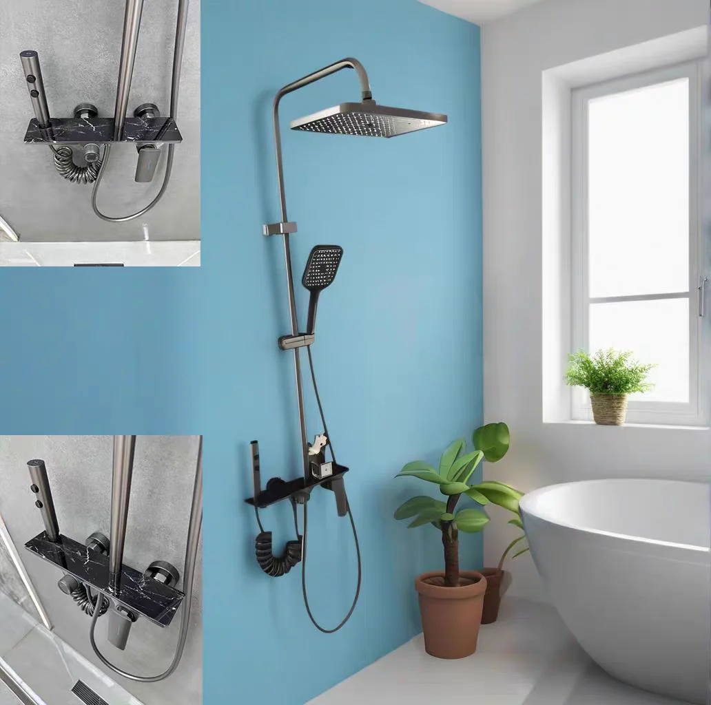 

Contemporary Matte Black Rain Shower Faucet Set Adjustable Single Handle Brass Soft Massage Jet with Pause Spray Pattern