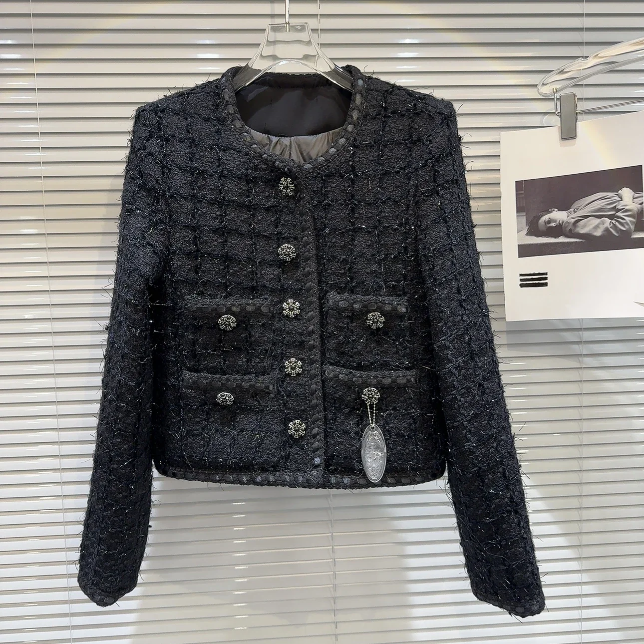 Korean Elegant Commuter Round Neck Long Sleeve Single-breasted Straight Casual Tweed Warm Down Coats Women Winter Short Jackets