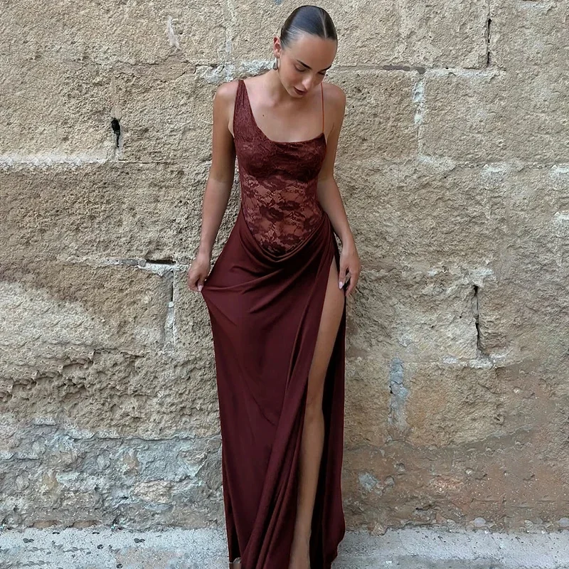 

Lace Spaghetti Strap Dress Women's High Waist Sleeveless Backless Sexy Maxi Dress Summer Fashion Bodycon Party Clubwear