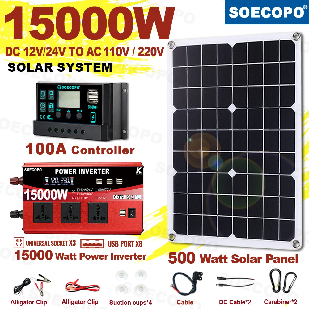 

SOECOPO 15000W Inverter(3 sockets 8 USB ports) Complete Solar System Kit 500W Solar Panel 12V/24V 100A Controller Home Camping
