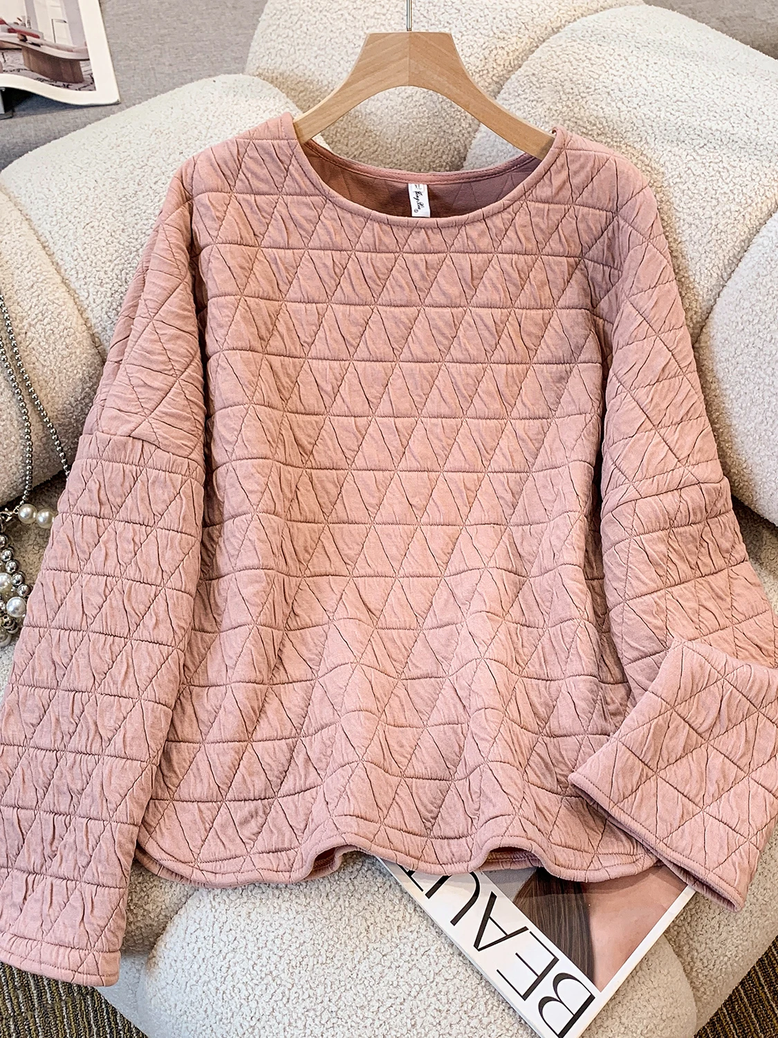 

Повседневная свободная женская круглая толстовка Ne из шелка и хлопка с ромбовидным узором, осень-зима, теплый топ Thiened Long Sve