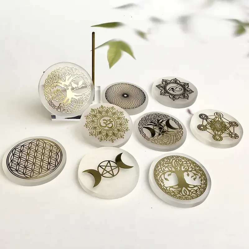 6 سنتيمتر الكريستال الطبيعي السيلينيت شريحة بلاطة الجبس الأبيض ، حجر السيلينيت الطبيعي كريستال القرص ، لوحة شحن السيلينيت