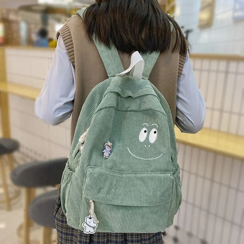 Female Kawaii Corduroy Laptop College Backpack Trendy Girl Green Cool Cute Bag Fashion Women School Bag Lady Travel Backpack
