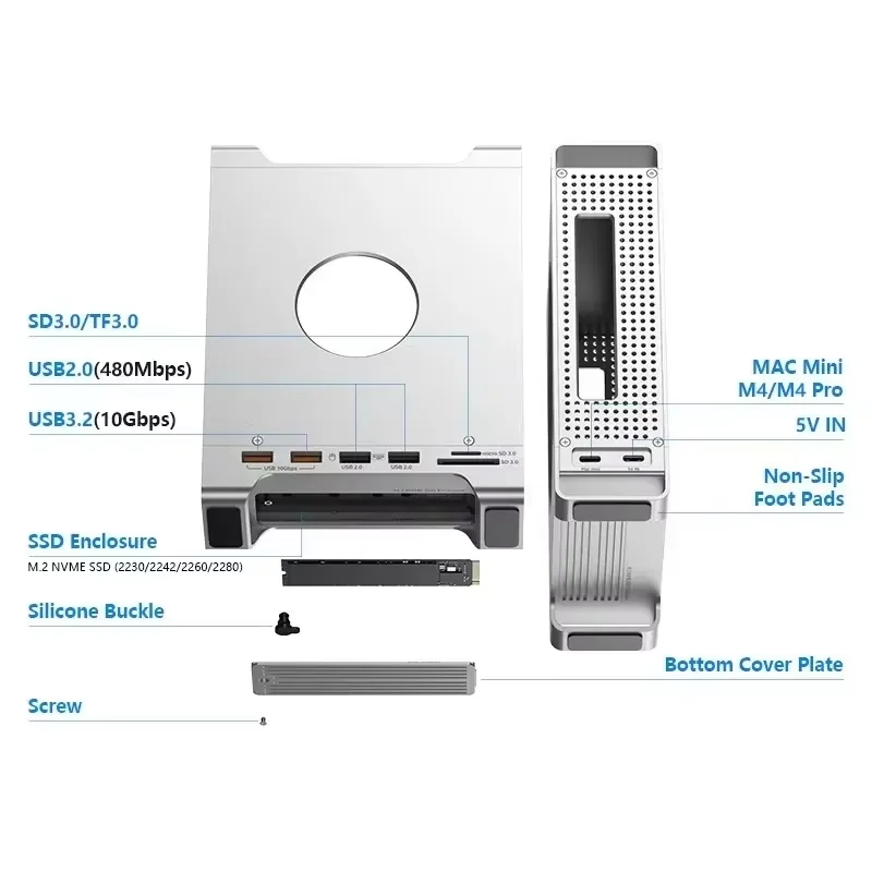 USB HUB Docking Station for Mac Mini M4/M4 Pro M.2 NVMe SSD Enclosure 8TB Max 10Gbps USB-A/C SD&TF USB Splitter Dock