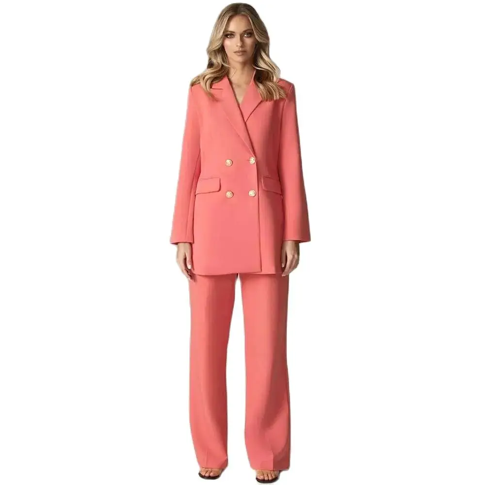 Fashion Chic Suit for Women Double Breasted Notch Lapel 2 Piece Jacket Pants Female Clothing Loose Chic Office Lady Blazer Set