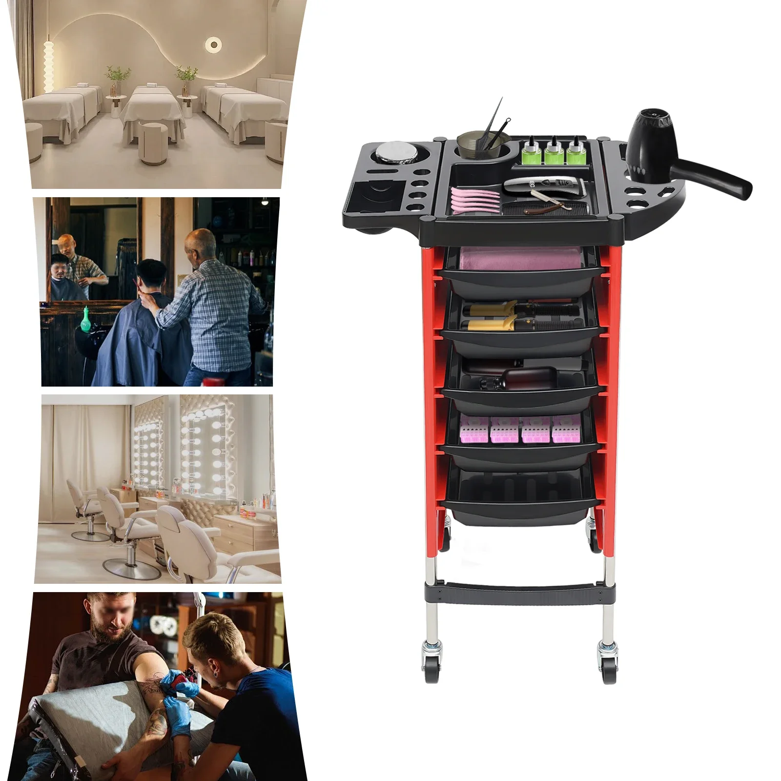 6-poziomowy wózek salonowy z uchwytem na suszarkę, uniwersalny wózek kosmetyczny z 5 szufladami do przechowywania, meble salonowe oszczędzające