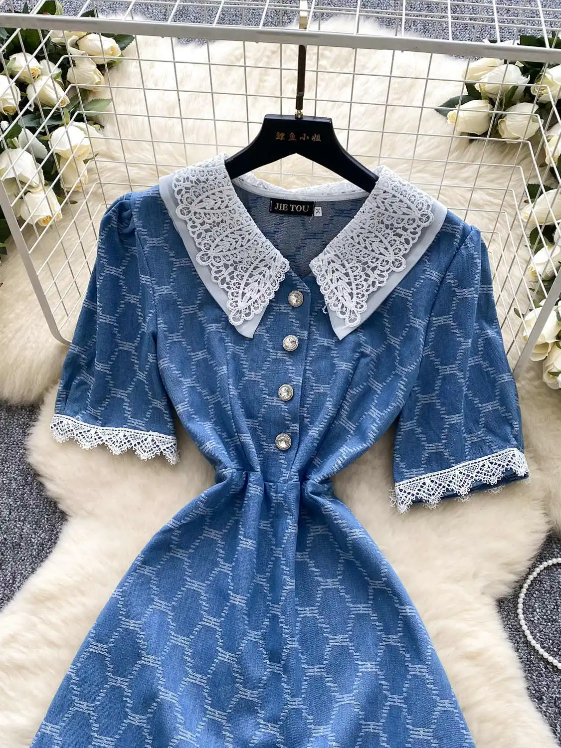 Femmes bleu a-ligne Mini Jean robe Vintage broderie Patchwork Denim robe Y2k col claudine robe d'été vêtements été 2025