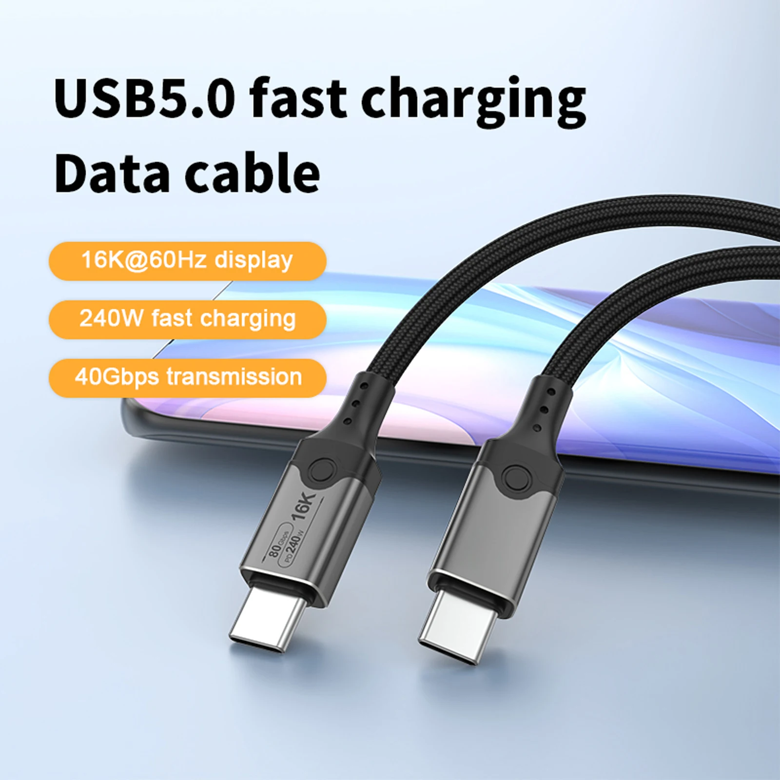 DOONJIEY Type-C Full-Featured USB5 Data Cable Thunderbolt4 Ultra-Thin Soft Charging Cable C-to-C Dual-End Fast Charge 80Gbps