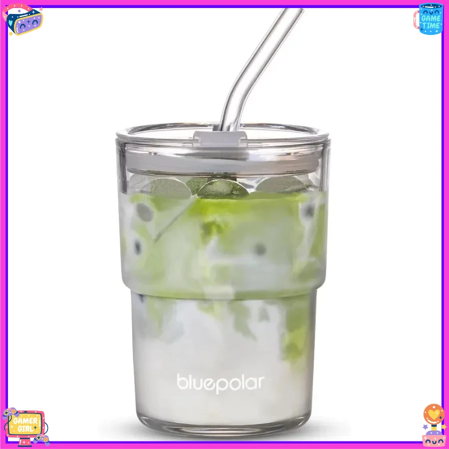 

Стеклянная чашка для воды на 13 унций/400 мл с соломинкой и крышкой, герметичная портативная чашка для кофе со льдом на толстых стенках, стекло (Аврора белый)