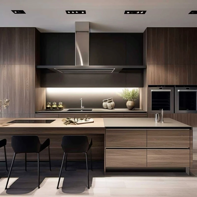 Luxuriöses Design, komplettes Küchenschrank-Set aus modularem Massivholz, modernes Schrank-Set aus Walnussfurnier
