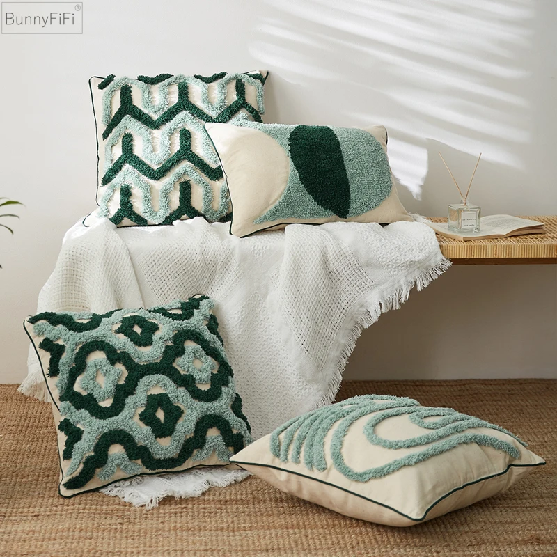 Cushion Cover 45x45cm Pillow Cover Blue Tufted Geometric Boho Style Home Decorative for Sofa Bed Living Room Bed Room