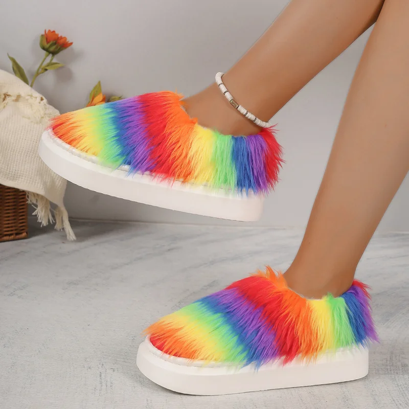 Pantoufles d'hiver en peluche et fourrure, pantoufles en coton dégradé de teinture par nouage, pantoufles d'intérieur chaudes et antidérapantes pour la maison