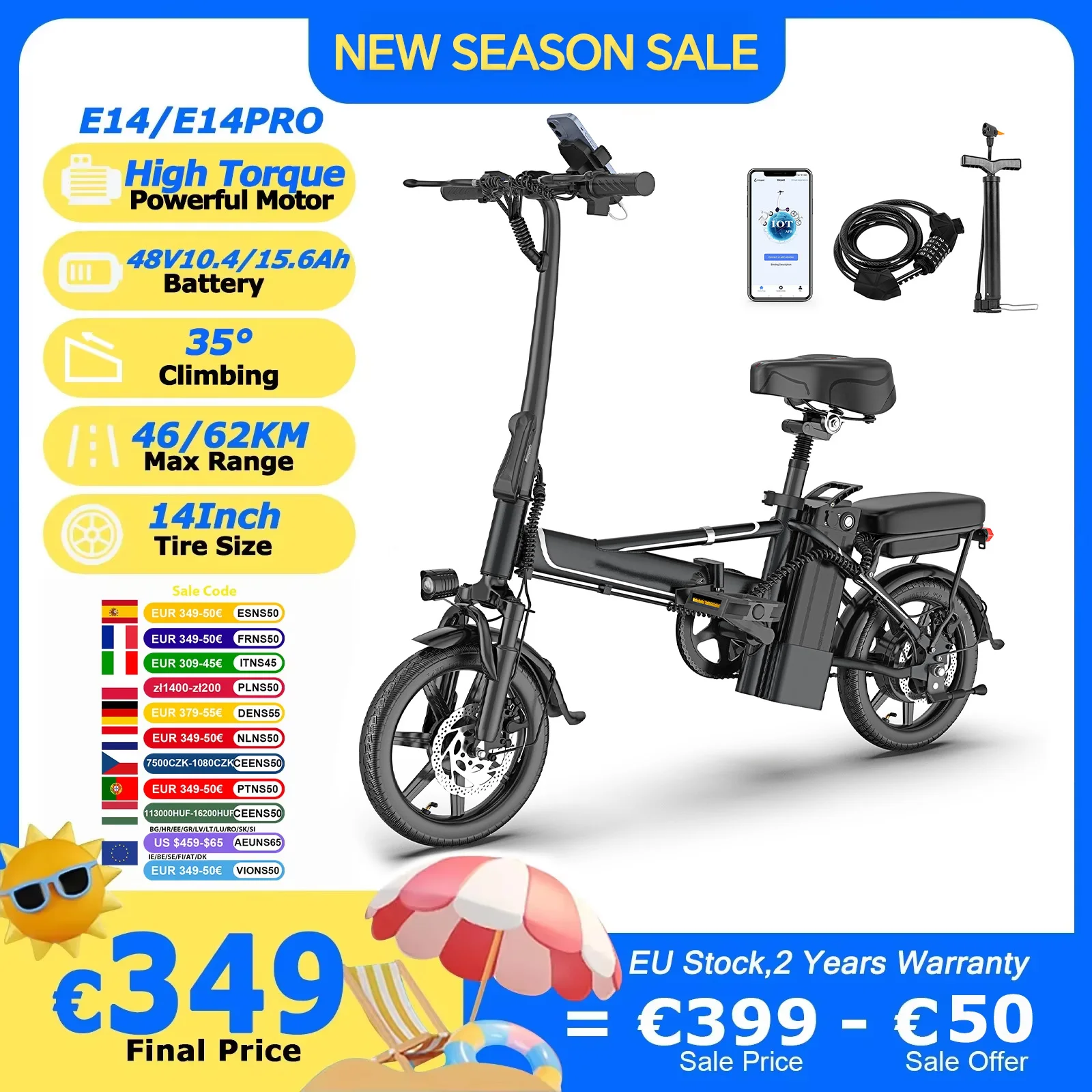 Image of 2026 Neues AOVOPRO E14/E14Pro Elektrofahrrad mit Leistungsstarkem Motor, 14 Zoll, 54,6V 15,6Ah, 62km Reichweite, 35 ° Klappbares E-Bike mit Doppelfederung und App-Steuerung für Bergtouren