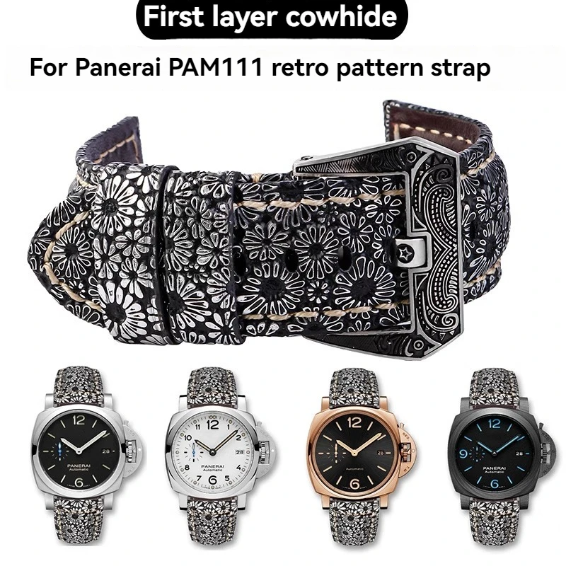 ل بانيراي PAM111 441 1312 حزام من الجلد الطبيعي لومينور ريترو جلد البقر الرجال 22 مللي متر 24 مللي متر 26 مللي متر منحوتة مشبك الرجعية زهرة حزام الساعات