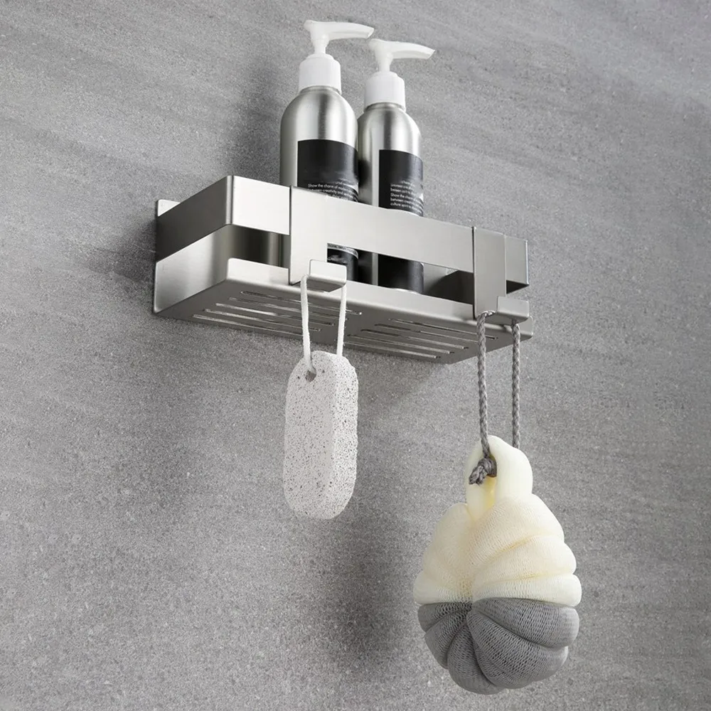 رف دش من الفولاذ المقاوم للصدأ بدون سلة دش للحفر لمنظم رف الحمام