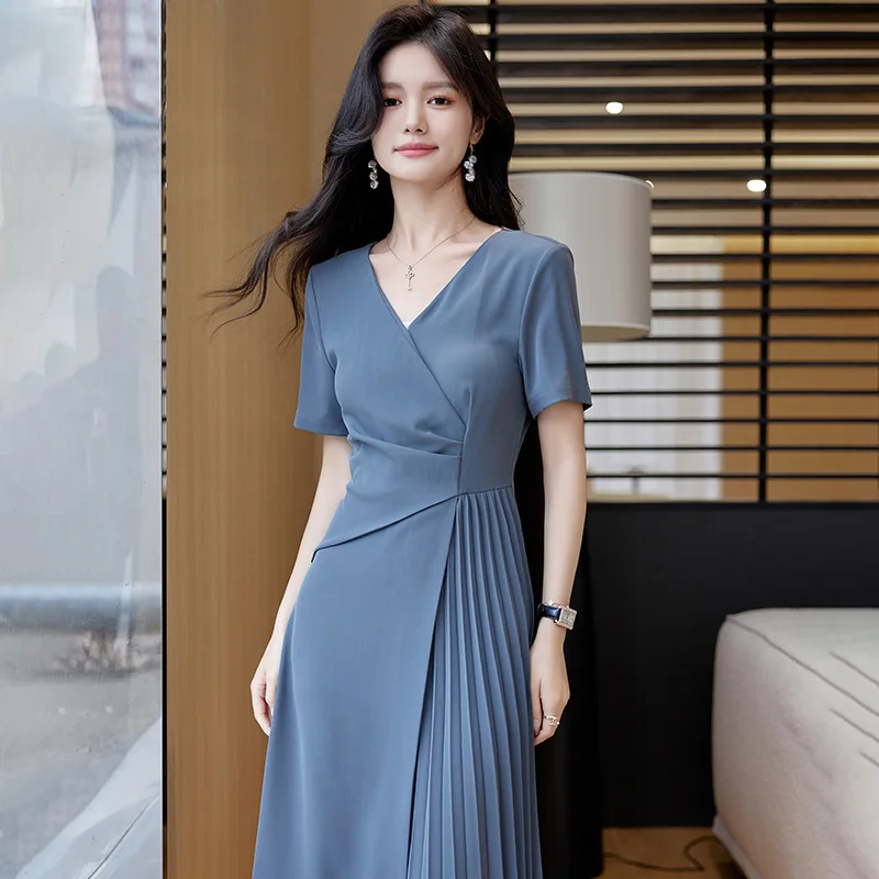 Novelty Gray Slim Hips Summer Short Sleeve Dresses for Office Ladies Business Work Wear Dress Female Vestidos Elegant