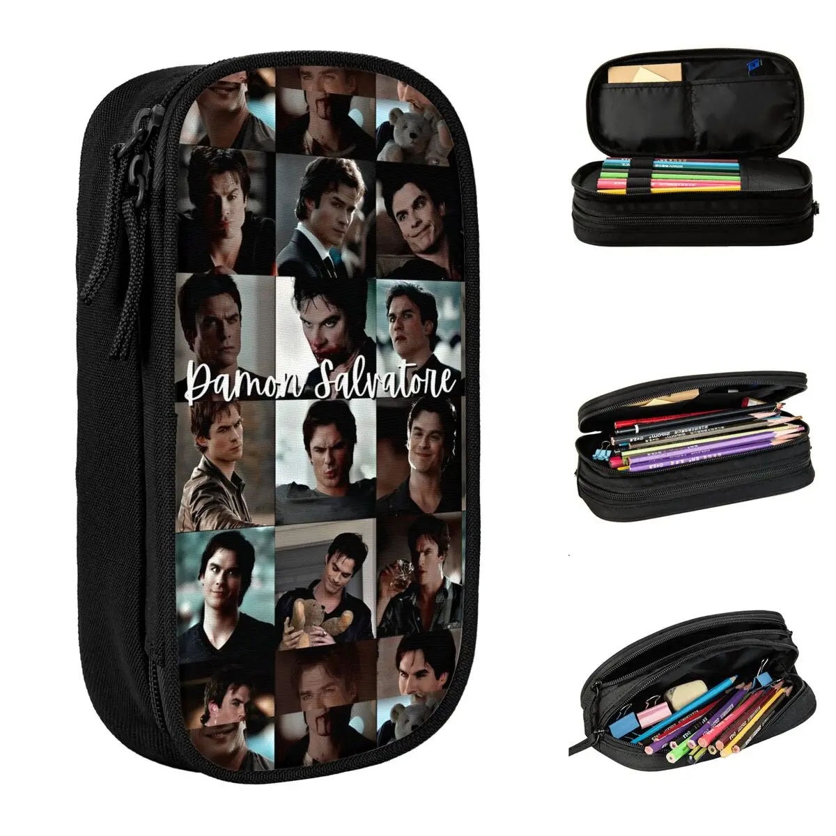 The Vampire Diaries Damon Salvatore Pencil Cases TV Series Pen Box Bags Student Big Capacity Students School Gift Pencilcases