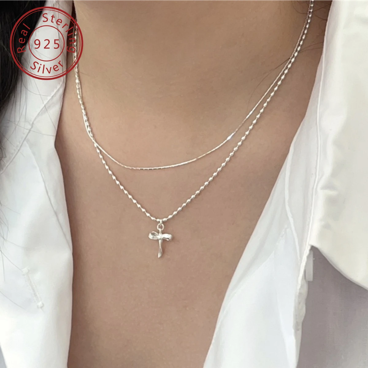 925 silver double-layer cross shelf necklace, Korean niche minimalist ins style design, versatile for daily commuting