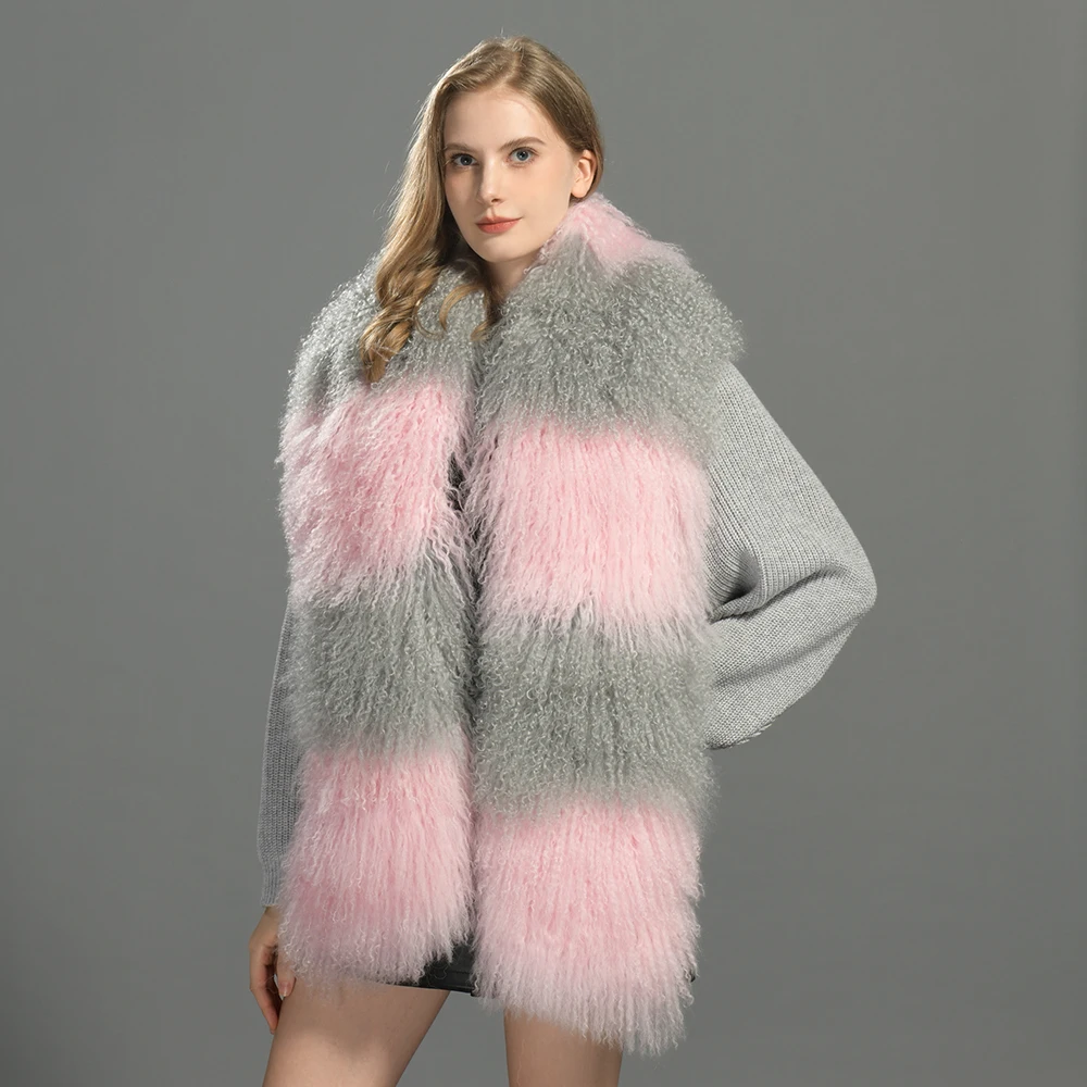 Jaxmonoy Mongolian Fur Coat Women Natural Fur Scarf Autumn Winter Ladies Fashion Luxury Sheep Fur Shawl Female 2023 New Style