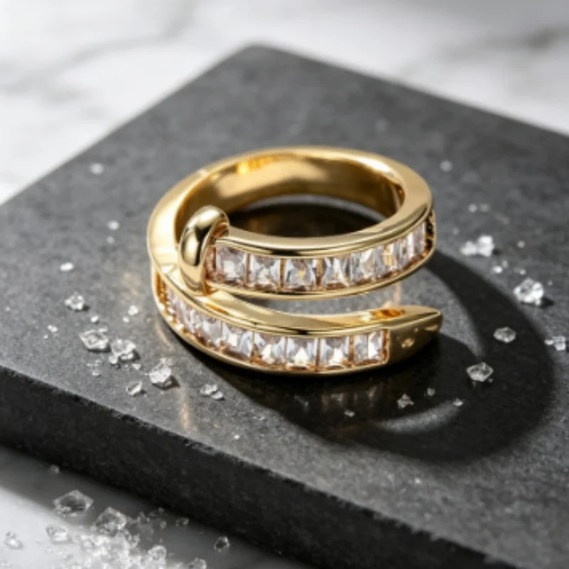 Light Luxury Ladder Square Zirconia Winding Open Ring for Women, High-end Sparkling Double Row Full Diamond Adjustable Accessory