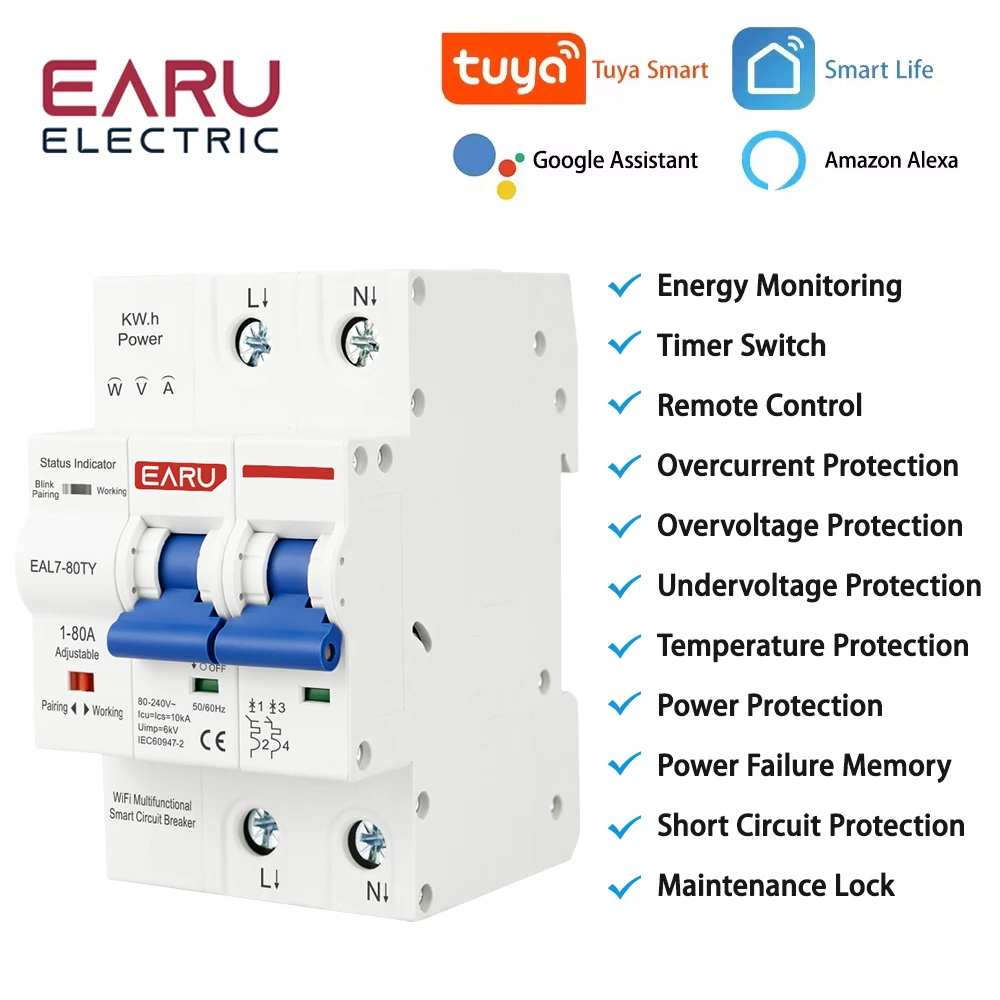 1-80A Adjustable 230V TUYA WIFI MCB Smart Circuit Breaker Energy Meter kWh Over Current Under Voltage Short Circuit Protection