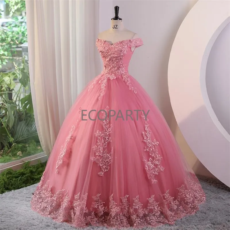 Vestidos de quinceañera rosa para mujer, vestido de fiesta de flores dulces, vestido de baile de encaje de lujo, foto Real, vestido de graduación, Vestidos bohemios, Ecoparty