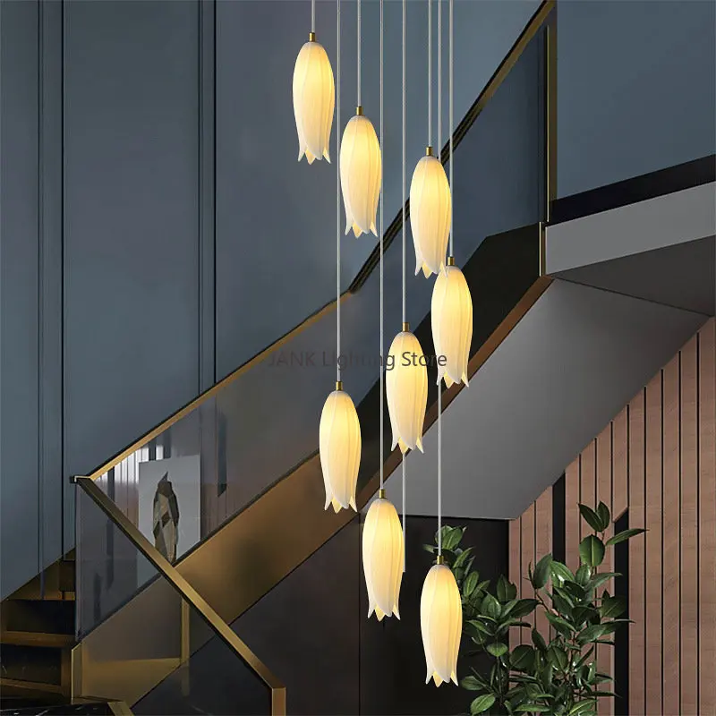 

Luxury Ceramic Tulip Staircase Ceiling Chandelier for Exhibition Hall Lobby Restaurant Hotel Multi-heads Decor Hanging LED Lamp