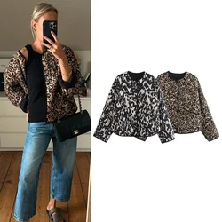 HXAO Leopard Quilted Jacket Women's Bomber Jacket Short Padded Jacket Demi-Season Crop Loose Coats Warm Lightweight Outwear 2024