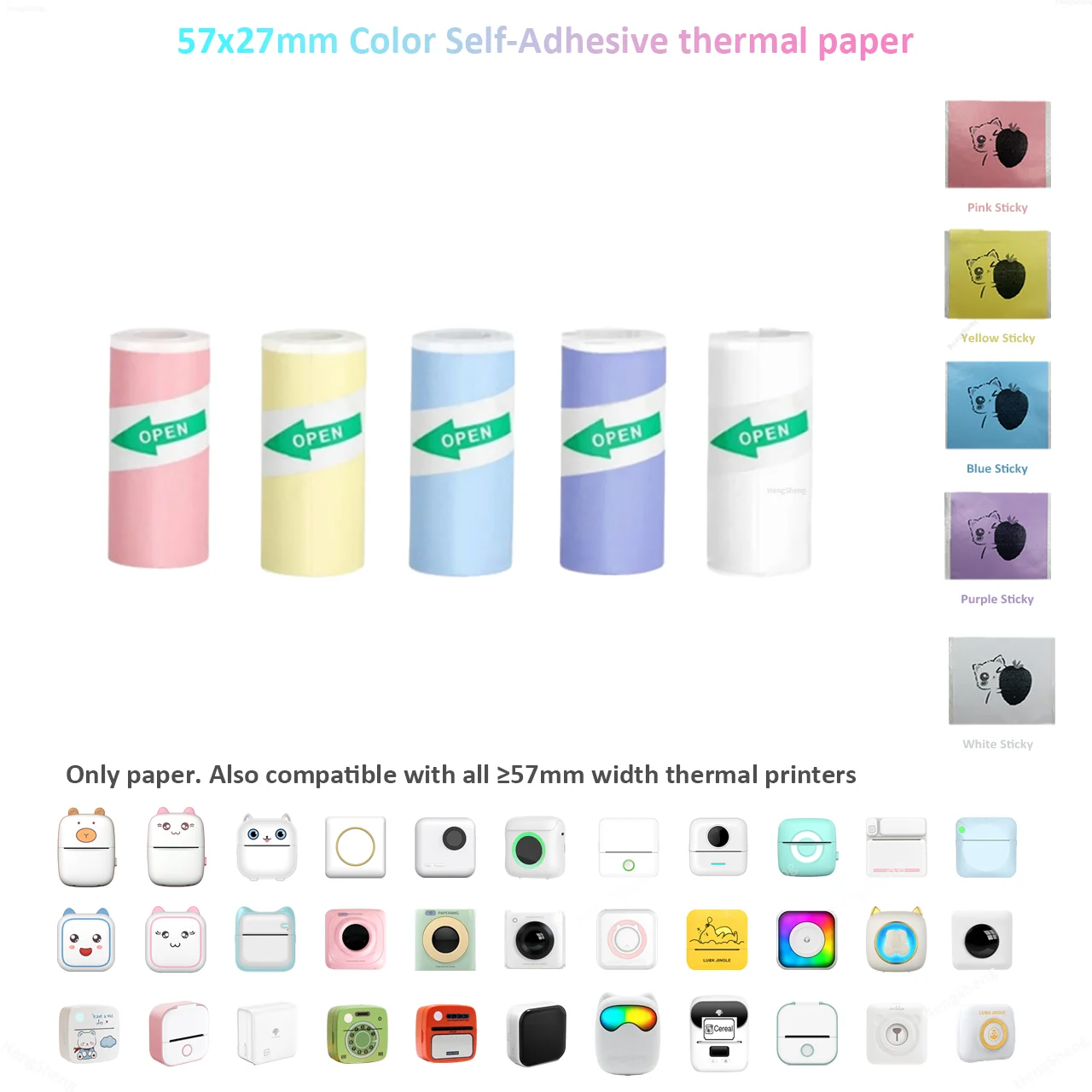 57mm 10ft Mini Printer Thermal Paper Color Label Sticker Self-adhesive Thermal Printing Paper For Inkless Printing Photo Picture