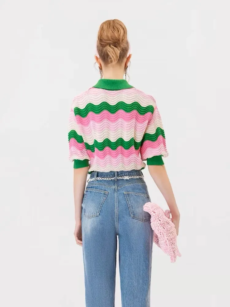 Rainbow Striped Sweater For Women Stylish Korean Fashion Chic Knitwear Tops 2024 Summer Short Sleeve Elegant Ladies Jumpers